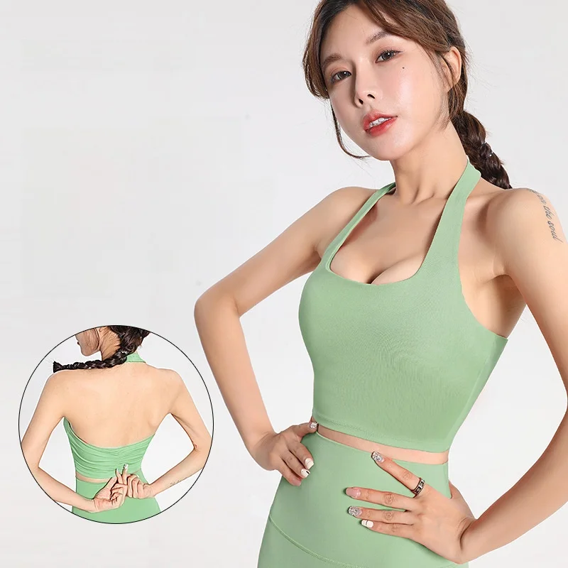 

Женский сексуальный спортивный бюстгальтер с воротником-халтер, плиссированный дизайн, модный спортивный бюстгальтер в европейском и американском стиле с шикарной спиной