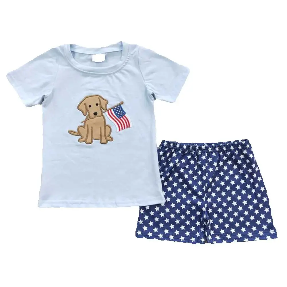 BSSO0227 baby boy clothes blue 4th of july patriotic outfit embroidery god flag set embroidered