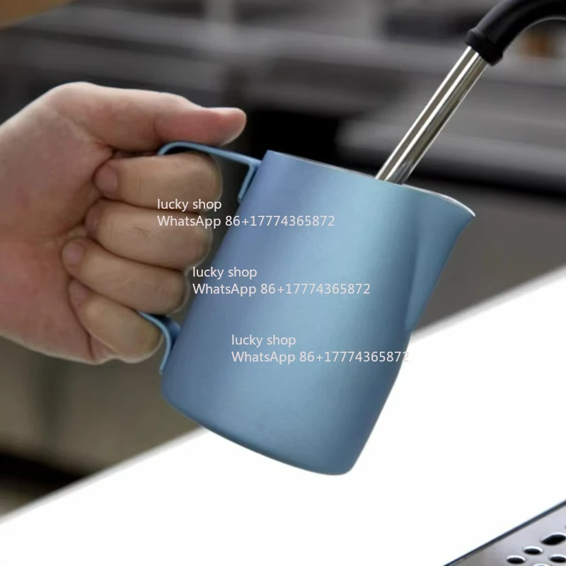 

450Ml Milk Foam Cup Blue, Stainless Steel Latte Tank Milk Tank Embossed Slant
