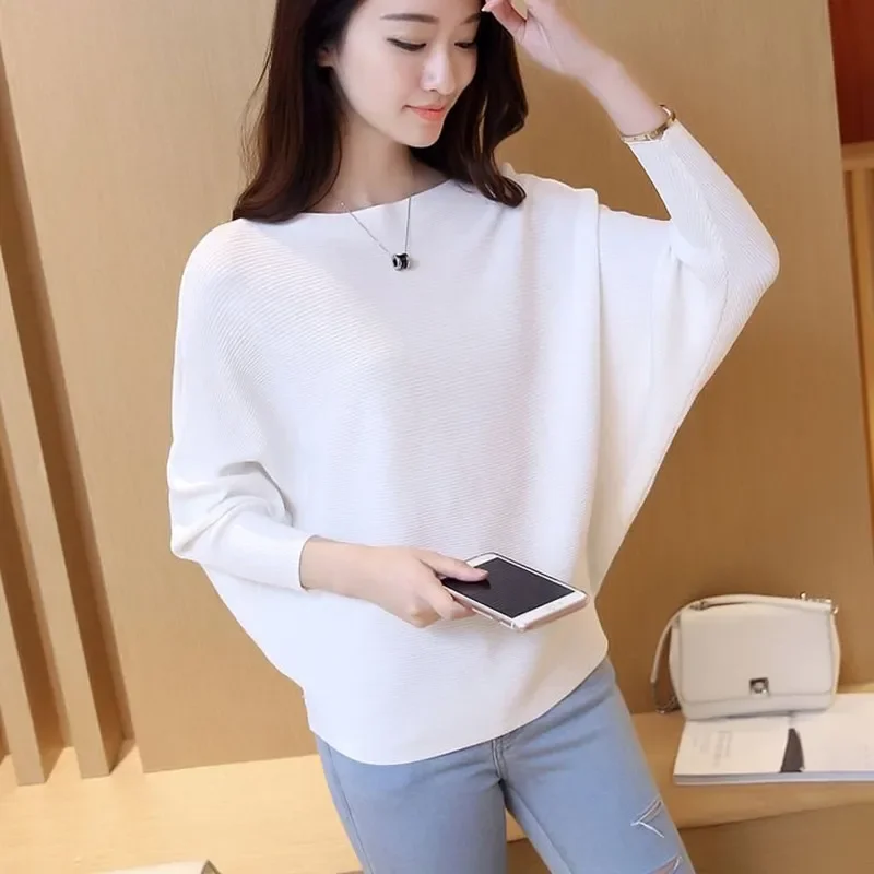 

2024 Spring and Autumn Knitwear Women's Bat Sleeve Sweater Knitted Coat Loose Large One Line Neck Top Female Loose Pullover