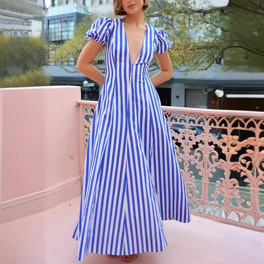 

Sexy Dress Women V-neck Short Sleeve Summer Stripe Big Swing Slim Female Elegant Casual Simple Versatile Long Streetwear