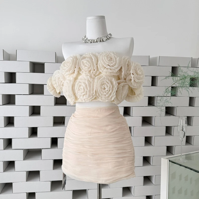 

Luxury 3D Floral Skirt Sets Korean Fashion Elastic Chest Wrapping High Waist Bodycon Mini Skirts Sexy Skirt Suits Women Outfits