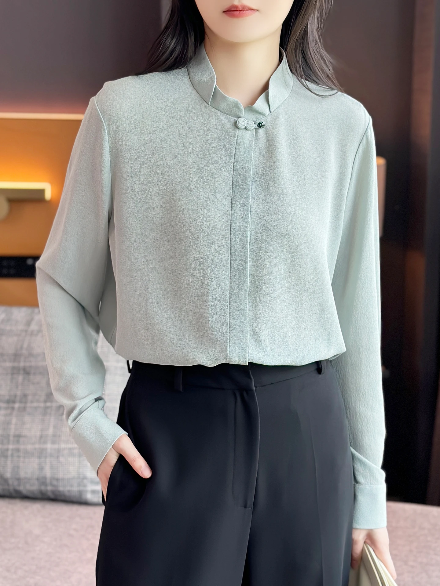 

Рубашка женская Zuozhujia из натурального шелка 6А с длинным рукавом и воротником, в новом китайском стиле, однотонная, дышащая, комфортная