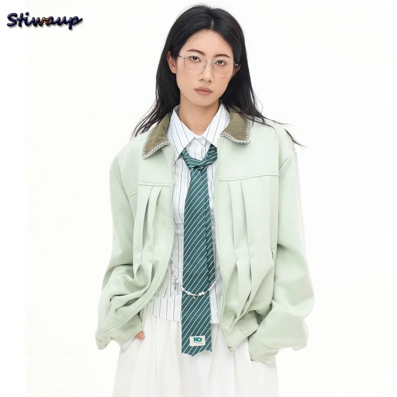 Women's Autumn Bomber Jacket Green Lapel High Quality Aviator Jacket Woman New Arrivals Autumn 2025 Fashion Women's Clothing