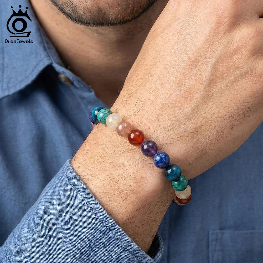 

ORSA JEWELS Bohemian Natural Gemstone Bracelets Handmade Healing Crystal Elastic Rope Hand Chain Anxiety Relief Jewelry GMB109