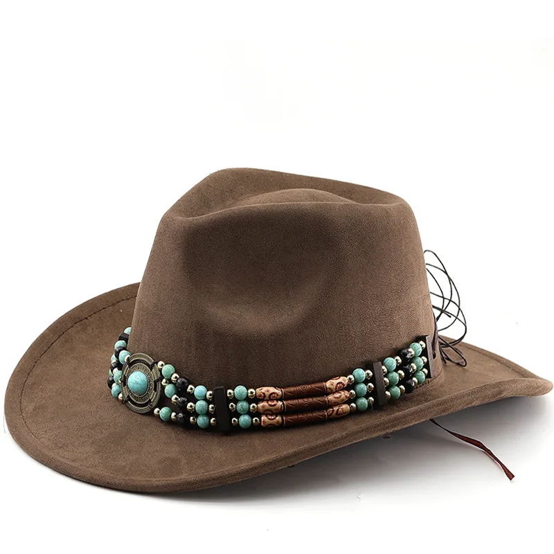Ethnic Style Suede Western Cowboy Top Turquoise Riding Jazz Rolled Edge Felt Sun Hat