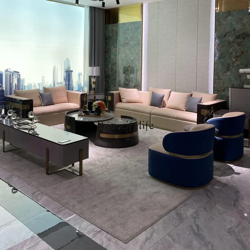 4yj9 Italian Style Light Luxury Genuine Leather Sofa Set Villa Living Room Combination Furniture Postmodern Hong Kong Style