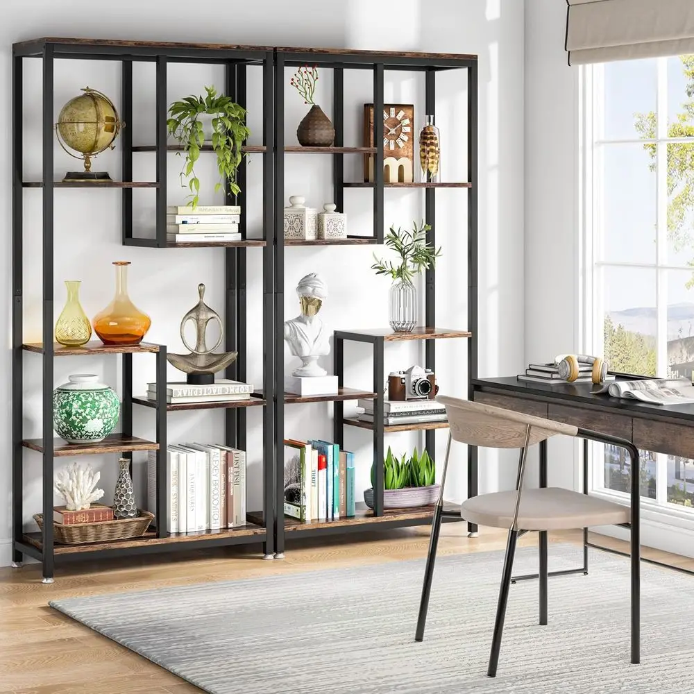 6-Tier Industrial Bookshelf, 8-shelf Open Storage Display, Living Room & Home Office Bookcases