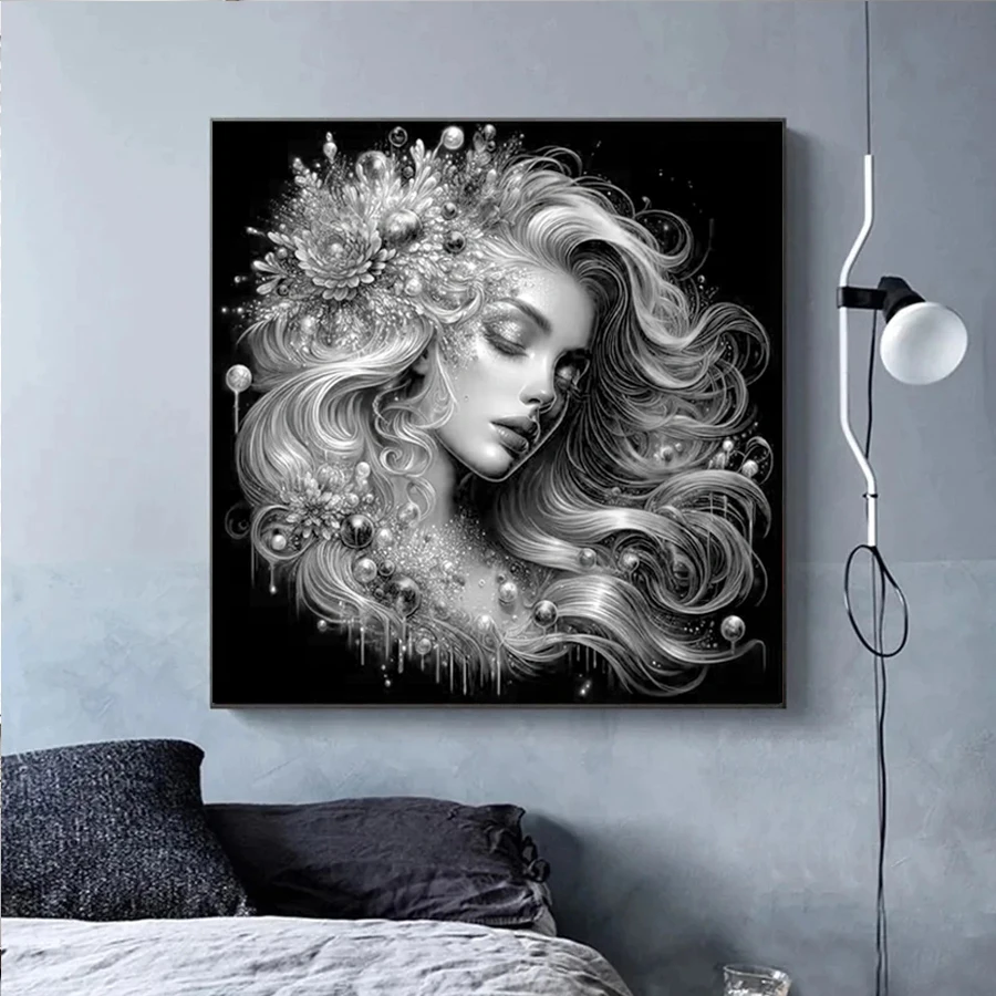 

Черно-белое художественное украшение, Алмазная мозаика, цветок, женщина, полная квадратная круглая алмазная живопись, красота, фея, взрослые, домашнее искусство для начинающих