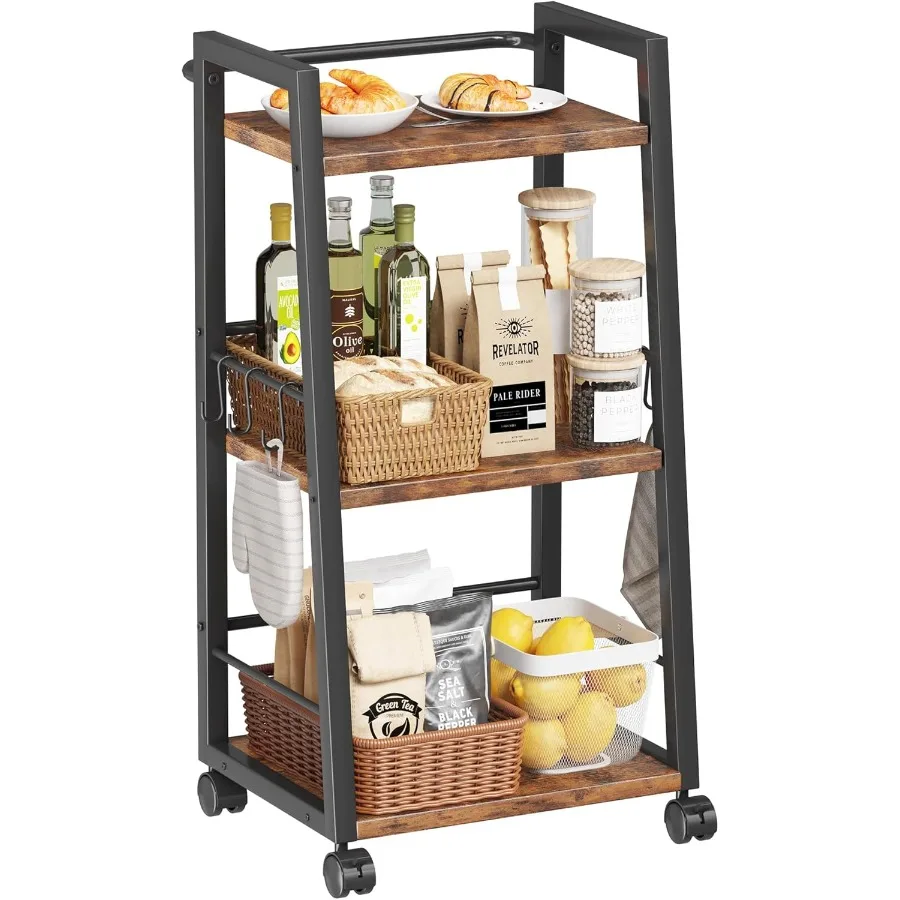 

3 Tier Kitchen Storage Cart with Lockable Wheels 6 Hooks Mobile Utility Organizer Rolling Cart for Small Spaces Bar Cart for Ki