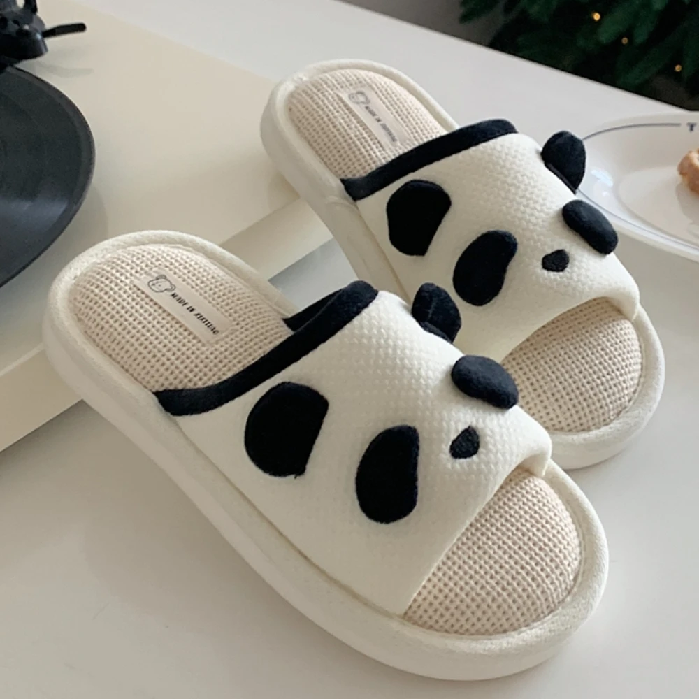 New Cute Panda Fashion Hemp Soft Ladies PVC Casual Mix Colour Design Comfortable Female Linen Home Slippers