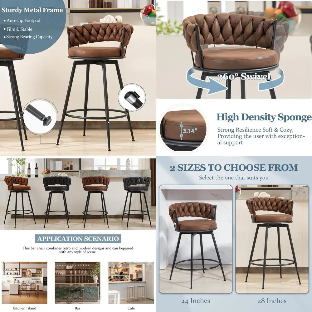 360° Swivel Bar Stools Set o 2, 28 inch Counter Height Bar Stools ern Barstools with Woven Back and Suede abric, Metal e & ootre