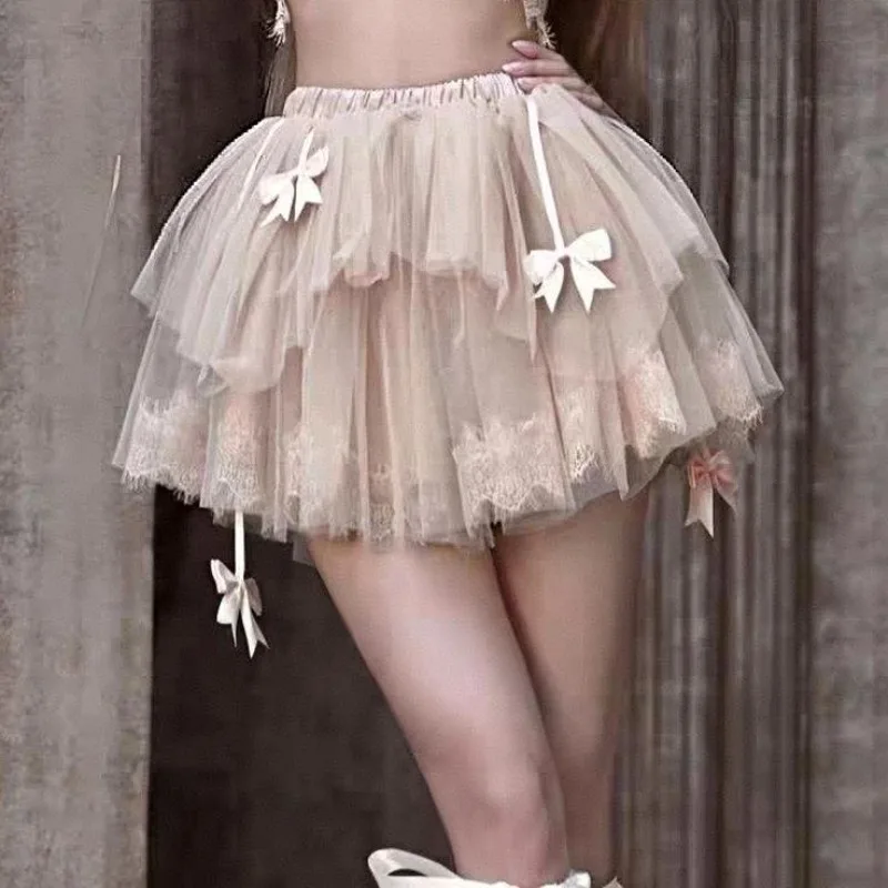Harajuku Lolita Mesh Skirt Sweet Girls High Waist Bow Mini Cake Y2k Skirt Womens Solid Streetwear Kawaii Skirt Gothic Jk Saia