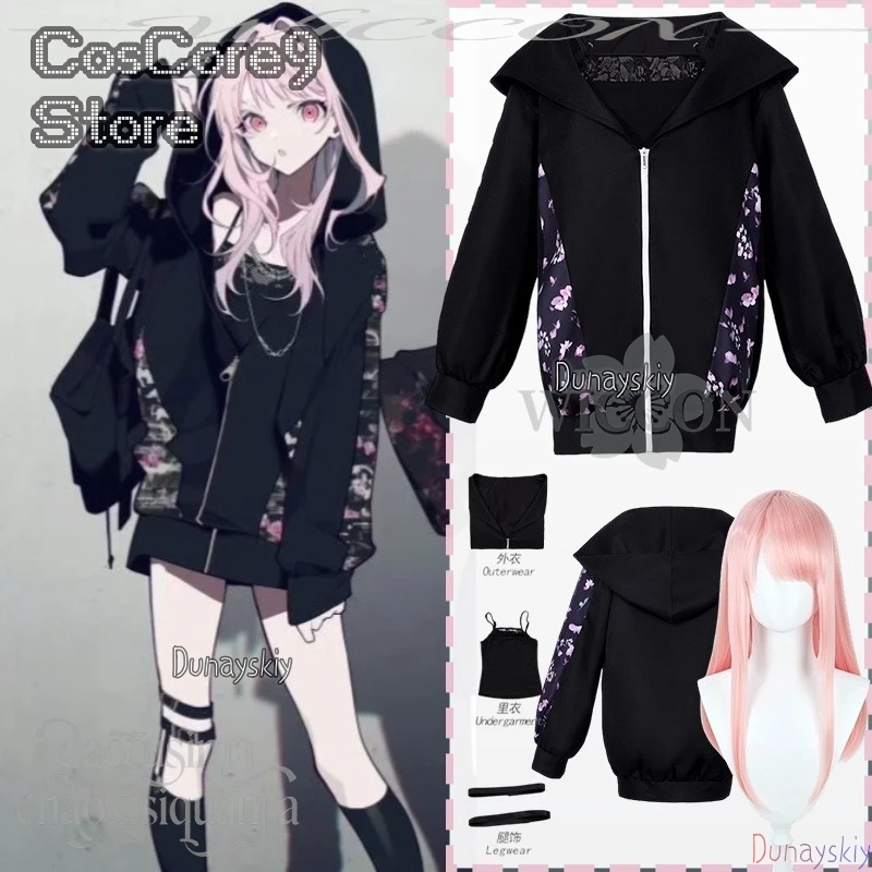

Anime Game Project Sekai Crossover ZOZOT Cosplay Akiyama Mizuki Floral Pattern Black Hoodie Goth 코스프레 의상 Christmas Halloween
