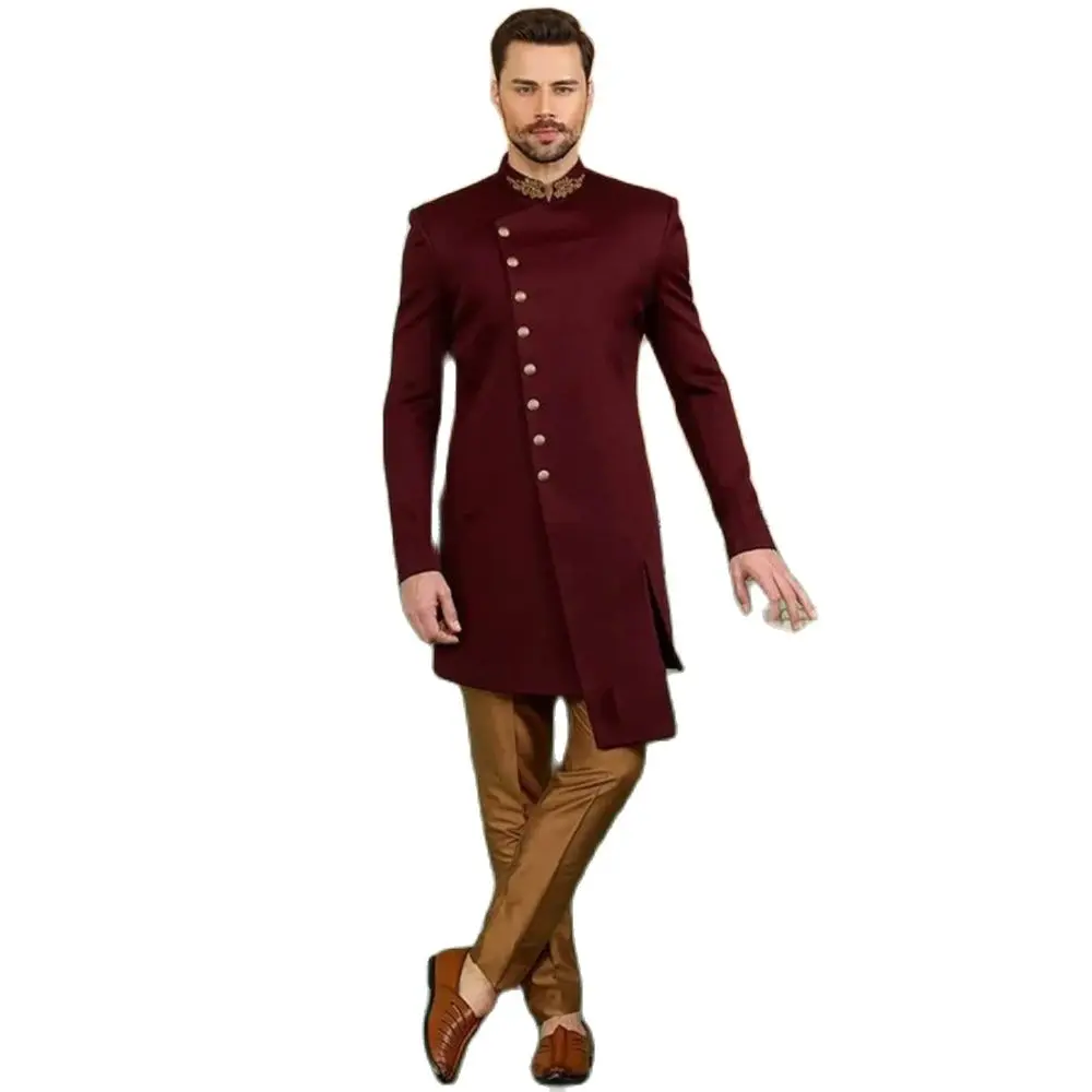 Luxury Burgundy Men\'s Suits Single Breasted Stand Lapel Luxury 2 Piece Jacket Pants African Blazer Customized Wedding Terno 2024