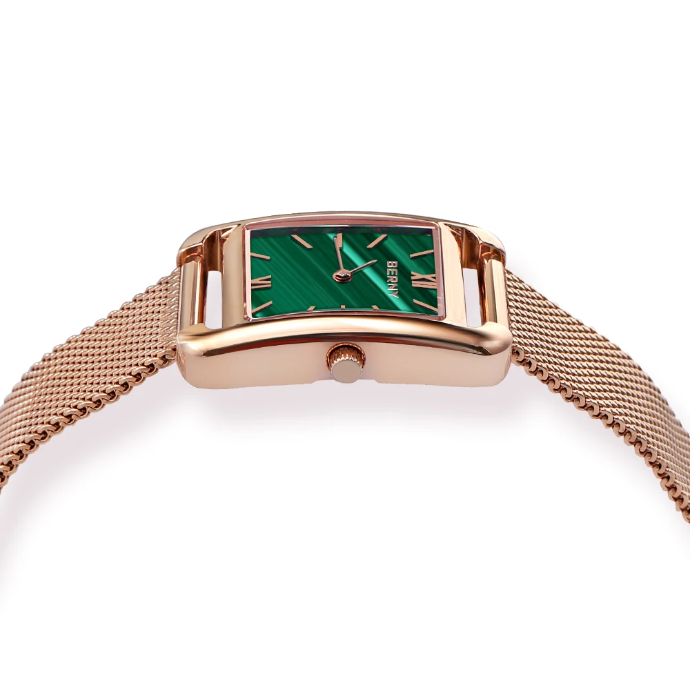 BERNY MIYOTA 5Y20 Women Watch 3ATM Waterpoof Square Sapphire Quartz Wristwatch Ladies Stainless Steel Bracelet Rose Gold Watch