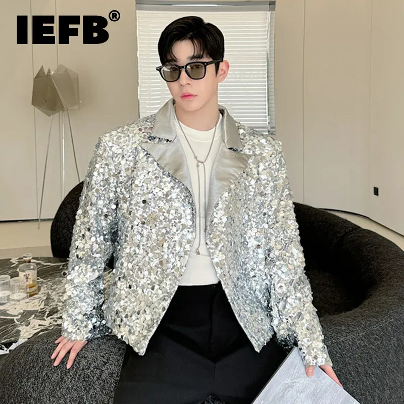 IEFB Personalized Men\'s Blazers Tailored Collar Sequins Stage Design Korean Version Solid Color Loose Male Suit Jackets 9C8126