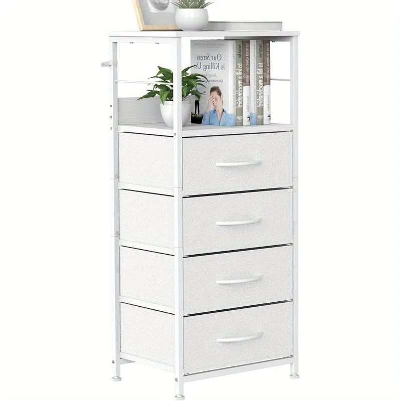 

White Nightstand with 4 Fabric Drawers, Tall Bedside Table End Table with Wood Top and Metal Frame, 4-Tier Storage Organizer for Bedroom, Living Room, Dorm, or Office, Easy Assembly, Anti-Tilt Design, Office Storage Solution