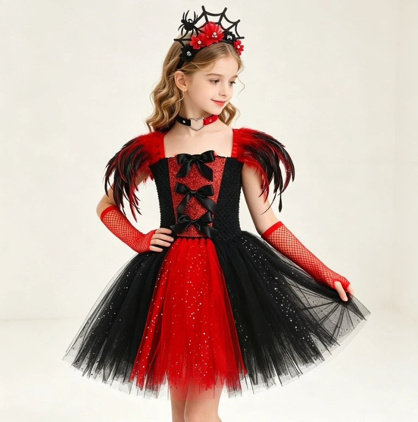 Children Halloween Carnival Party Role Play Scary Vampire Gothic Style Mesh Tutu Dress With Accessories Stage Performance Outfit