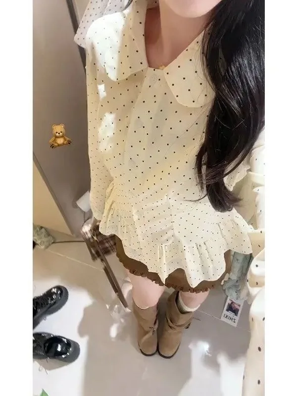 

Женский милый кукольный воротник в горошек больших размеров, осенне-зимний утягивающий топ с мясным покрытием, красивый изысканный модный