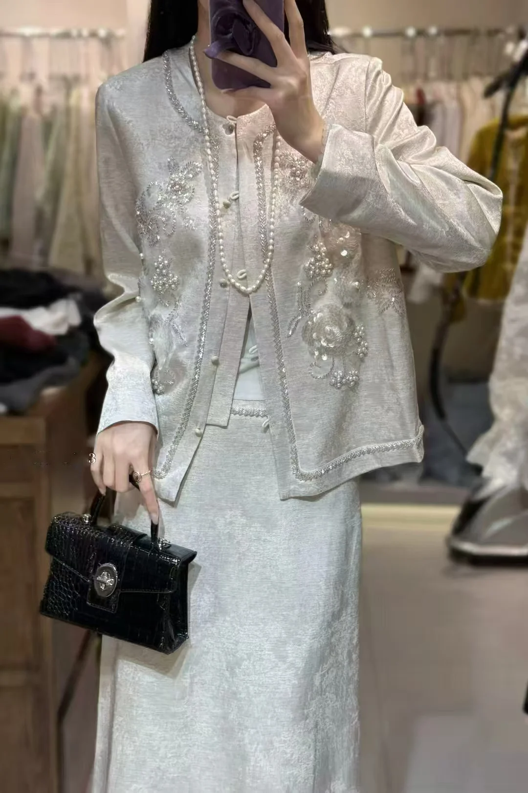 High-End Spring New Silk Fabric Bead + Sequin Embroidery O-Neck Handmade Button Fashion Chinese Style Unique Women's Jacket S-XL