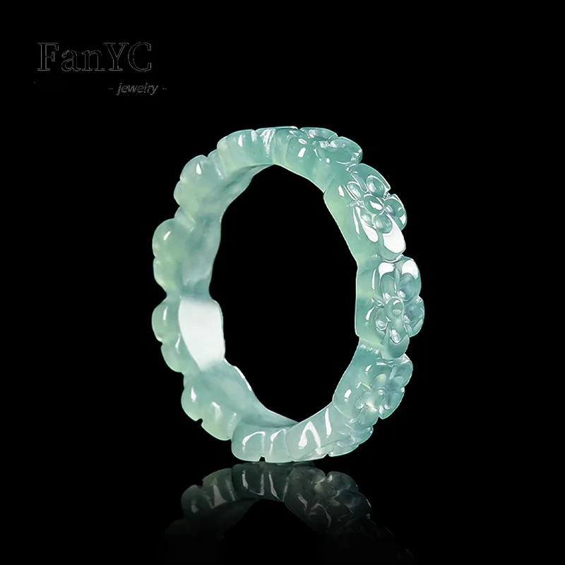 Natural Jadeite Blue Water Three-dimensional Peach Blossom Ring Ice Jade Stone Couple's Fashionable and Charming Jewellery Gift