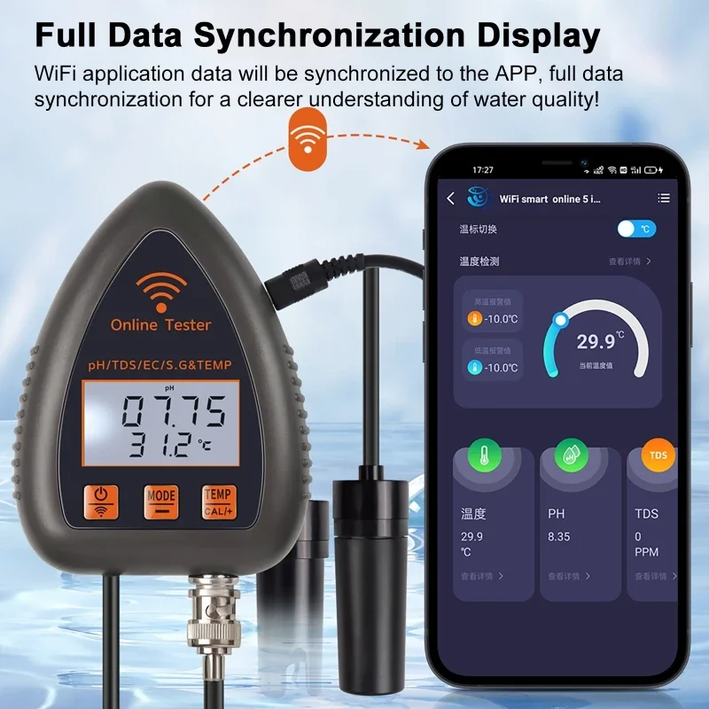 Bluetooth wifi 5 em 1 testador de qualidade da água monitor ph tds temp ec sg analisador salinidade lcd medidor de ph para água potável aquário