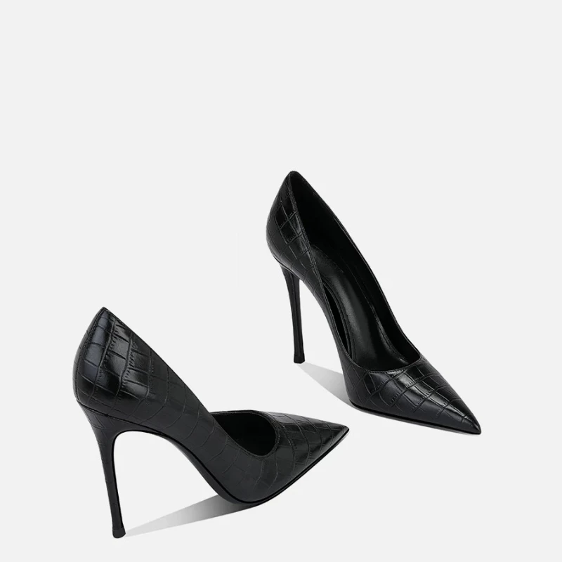 Yuejinlong 2026 Spring New Crocodile Grain Black Pointed Toe High Heels Elegant Sexy Non Tiring Single Shoes Women