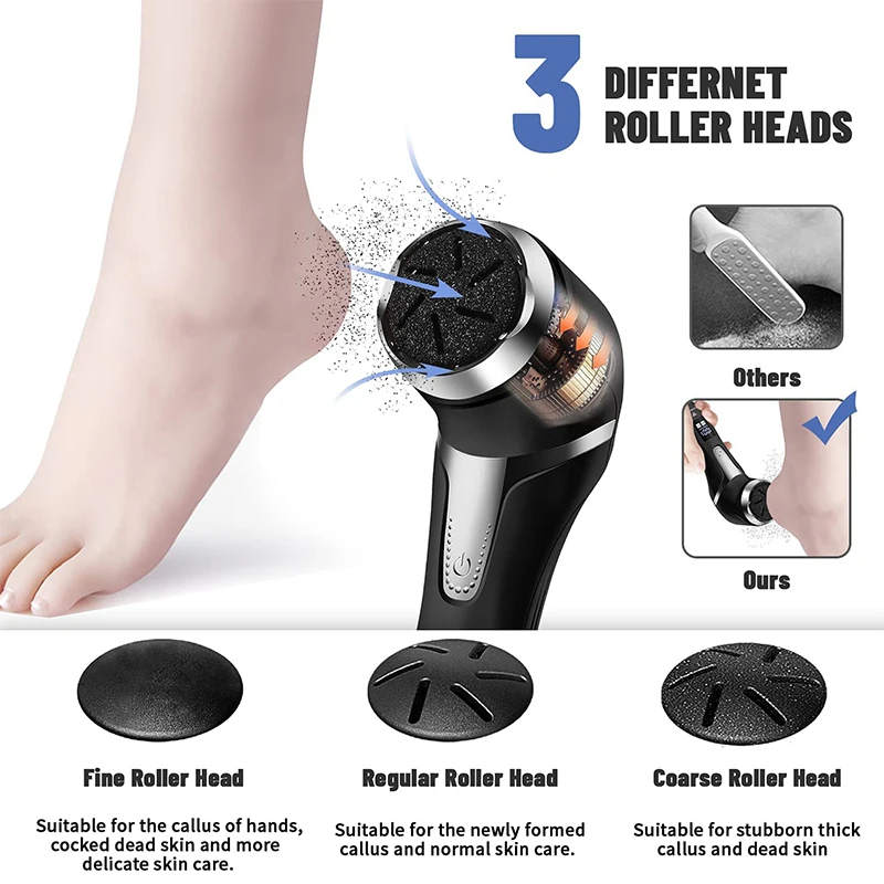 Rechargeable Electric Foot File Callus Remover, Auto Dust Vacuuming 2 Speed Dead Skin Grinder for Heels, 3 Heads Pedicure Tools