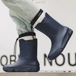 New Fashionable Men's Rain Boots Plus Velvet Warm High Tube Water Boots Non-slip Wear-resistant Construction Site Rubber Shoes