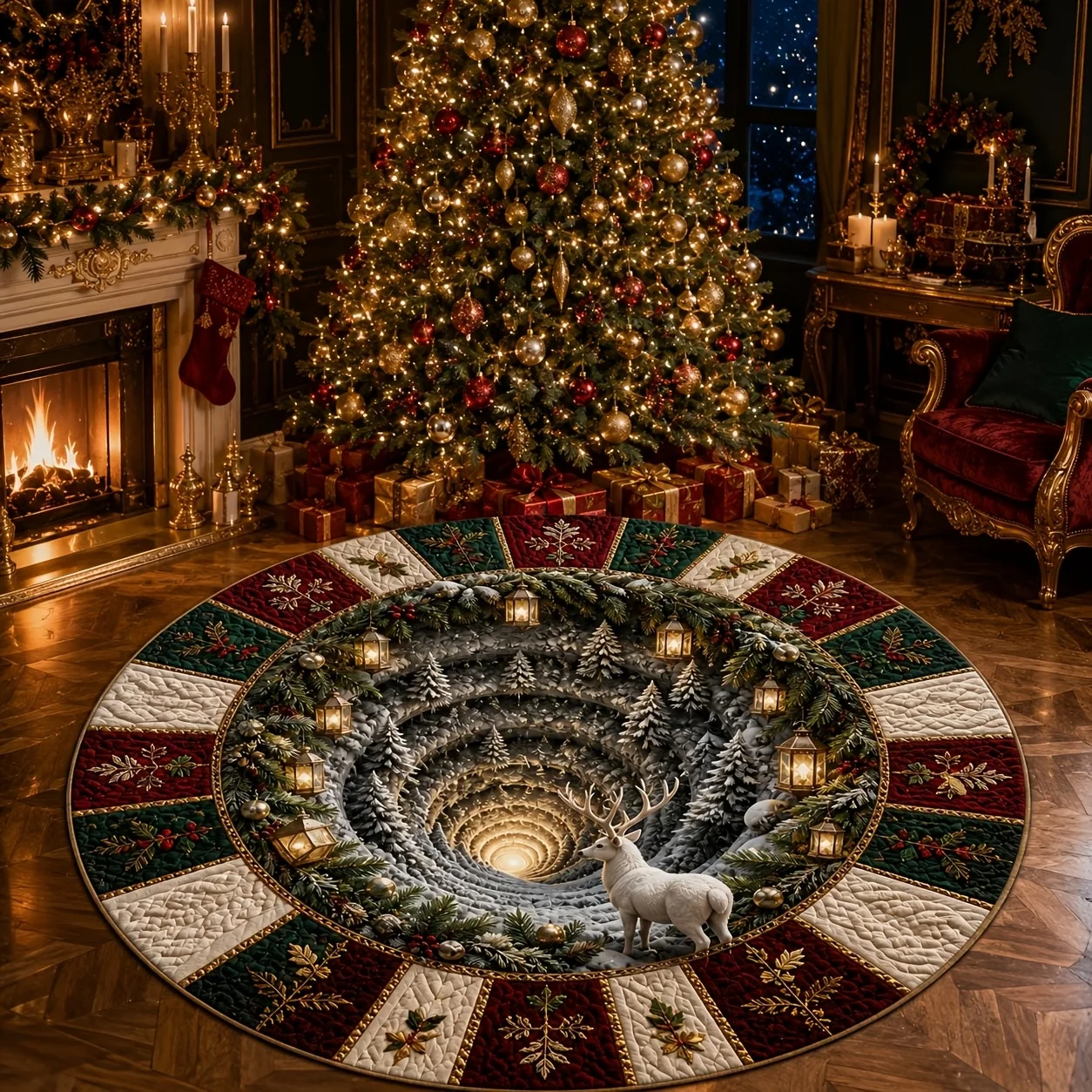 Christmas Round Carpet 3D Illusion Steps Pit Gnomes Printed Area Rugs Festive Home Decor Striped Holly Floor Mat Office Patio