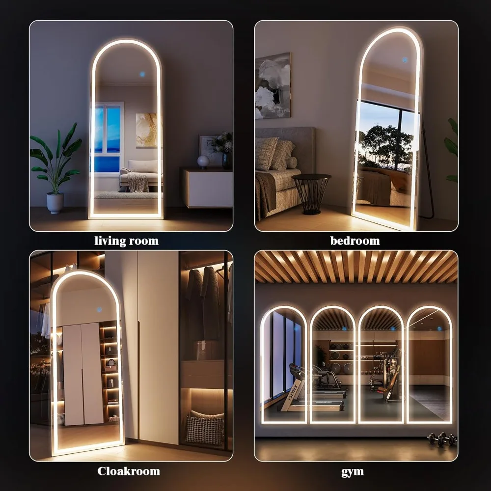 Gewölbter Bodenspiegel in voller Länge mit dimmbaren 3-Farben-Lichtern, 56 x 20 Zoll, stehender Lean-In-Ganzkörperspiegel