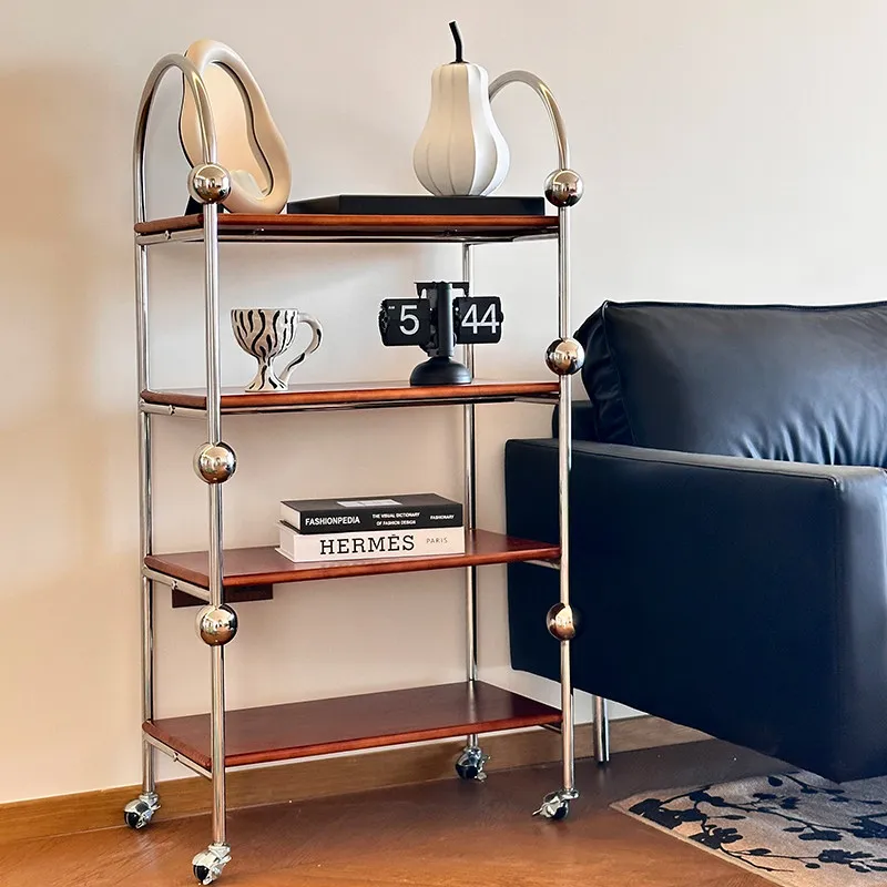Household medieval floor-to-ceiling multi-layer shelves, stainless steel storage trolley, removable display shelves on the side