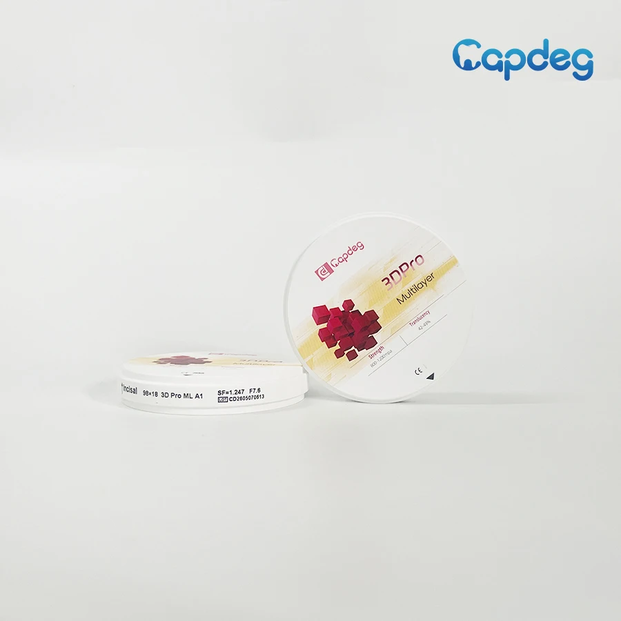 CapDeg 3DPro Multilayer Dental Zirconia Blocks 98mm Disc 800-1200 MPa 42-49% Translucency All in One for Open CADCAM System