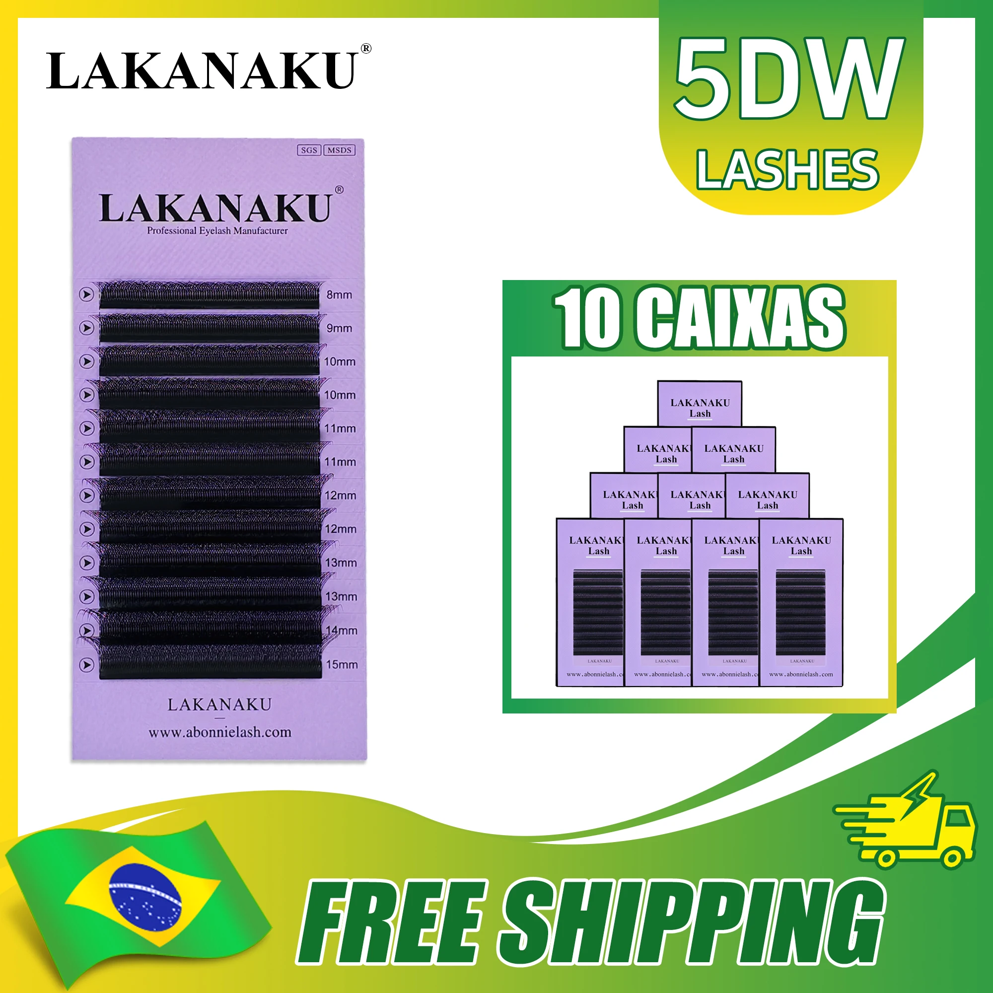 LAKANAKU Frete grátis para o Brasil 5DW Box Wholesale 10trays 8-15MM False Eyelashes Matte Black Eyelashes Extension Supplies
