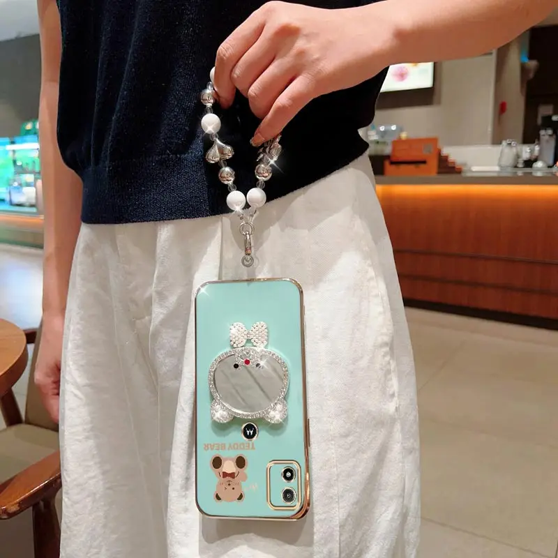 E 13 القوس الدب مرآة اللؤلؤ حزام سوار جراب هاتف على موتورولا موتو E6S E7 زائد Pwer 2021 E13 E20 E22 E32 الوقوف الغطاء الخلفي #5