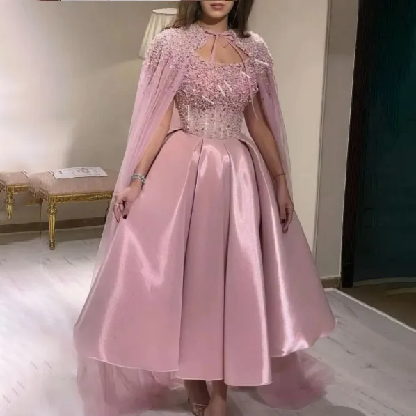 Customized Pink Saudi Arabic Evening Dresses Sequines Ruched Women Party Gowns Ankle Length Formal Prom Dress Special Outfits