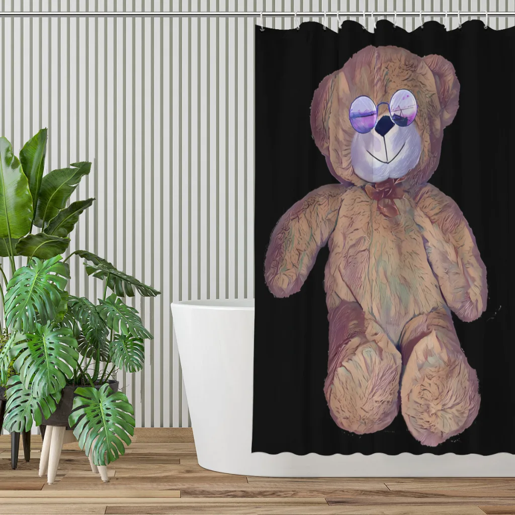 With Cool Sunglasses Shower Curtains Teddy Bear Waterproof Fabric Funny Bathroom Decor with Hooks Home Accessories