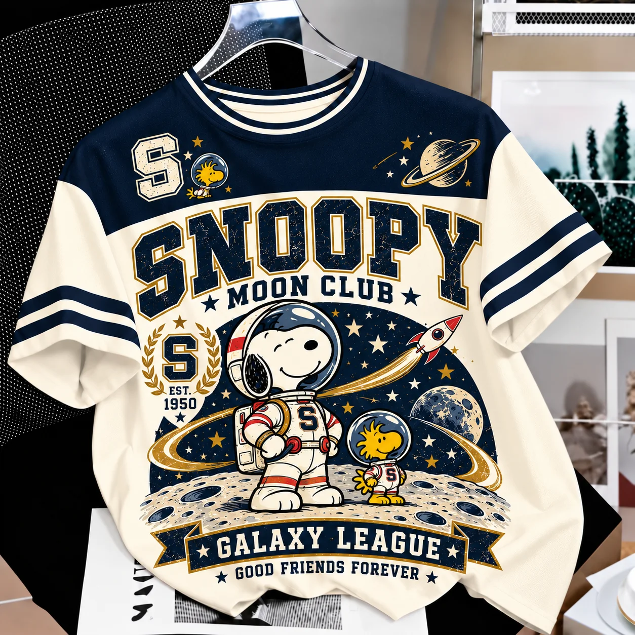 Vintage Snoopy Varsity T-Shirt Retro College Campus Kids Short Sleeve Tee Unisex Color Block Stripe Casual Streetwear Tops