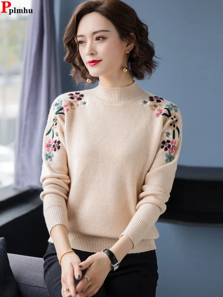 Spring Fall Half Turtleneck Embroidery Knitted Sweater Women Casual Slim Pullover Tops Long Sleeve New Soft Knitwear Jumper