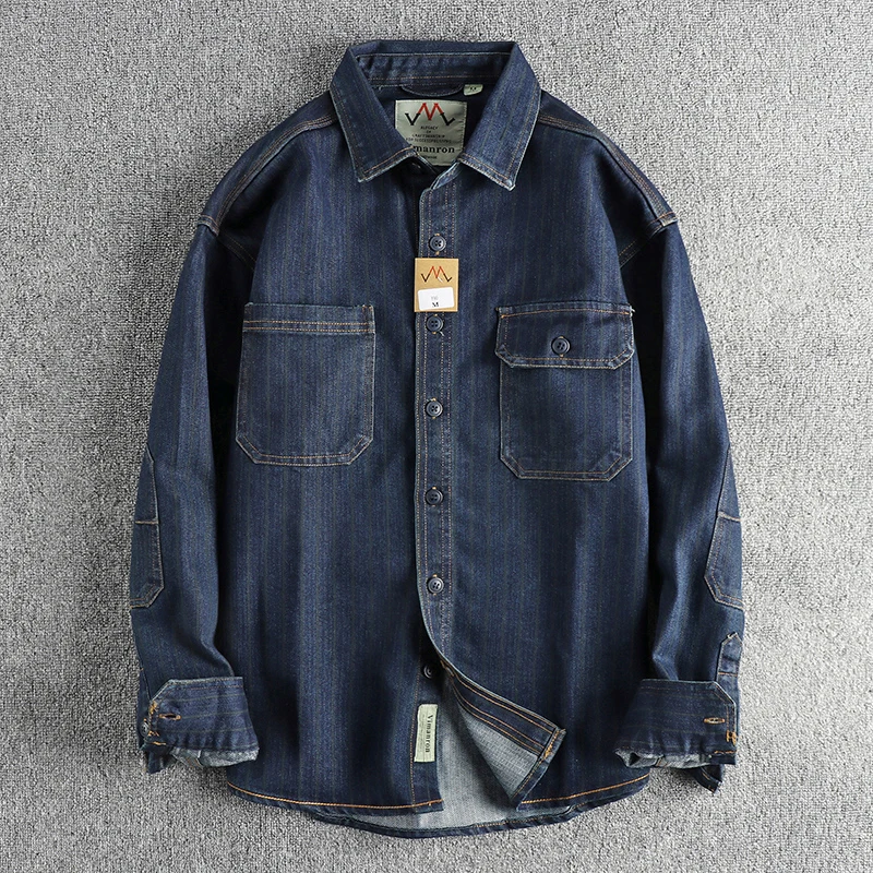 Spring New American Retro Heavyweight Denim Cargo Striped Shirt Men\'s Fashion 100% Cotton Washed Old Casual Blouses Thin Jacket