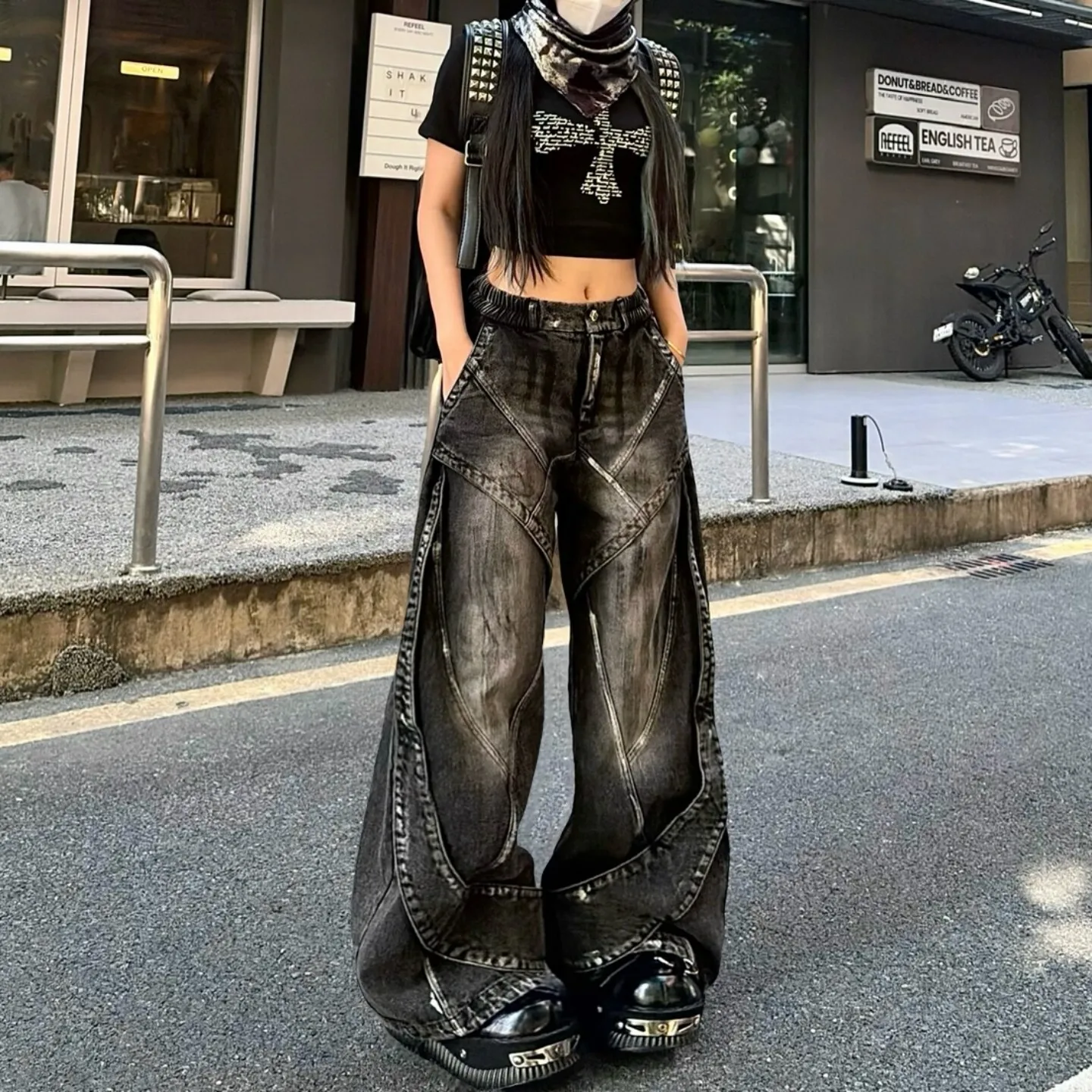 Womens Black Gray Y2K Jeans Deconstructed Patchwork Faded Graffiti Wide Leg Denim Pants for Alternative Dance Fashion Outfits