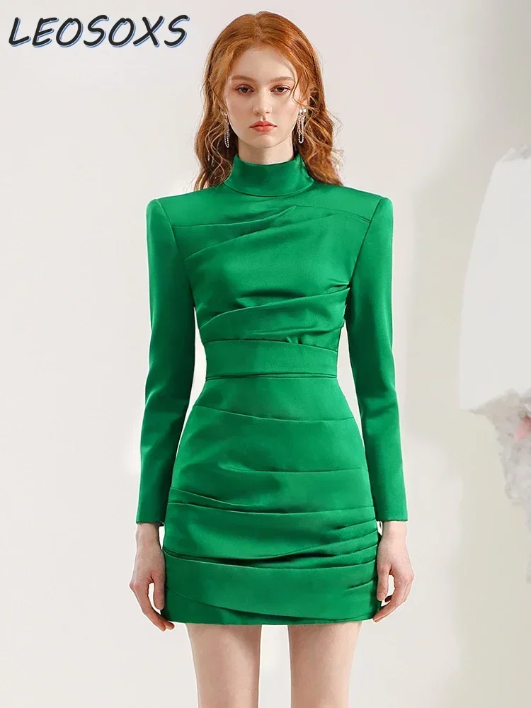 

Fall/Winter 2023 Women Celebrity Style Young Pleated Slimming High Neck Sexy Sheath Mini Dress Polyester Zipper Green Dress