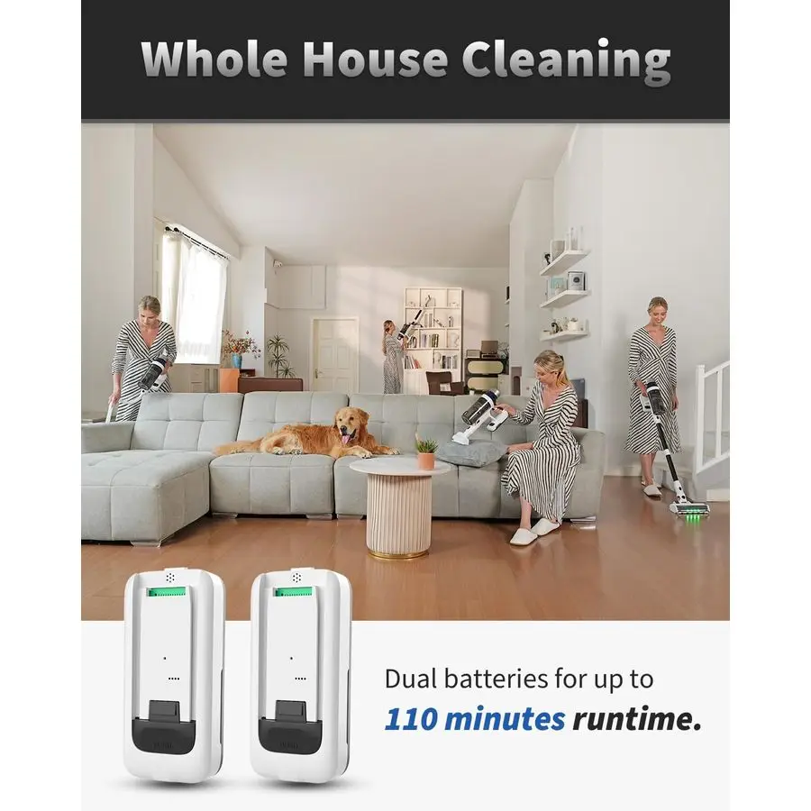 掃除機、バッテリー2個、稼働時間110分、家庭用掃除機、550W 45KPA 15in1 スティック型掃除機、充電ドック付き、ハンドヘルド