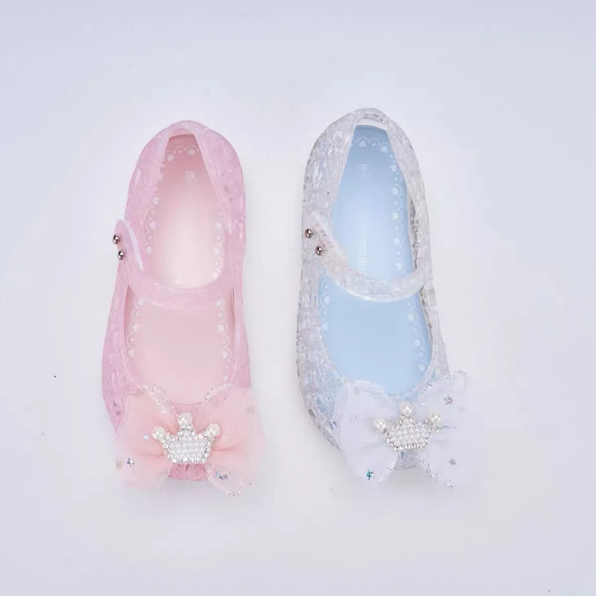 Mini Melissa Brand Girl Jelly Shoes Kids Shining Pearl Crown Bird's Nest Flat Shoes Girl Hollow Soft Sole Non-slip Beach Shoes