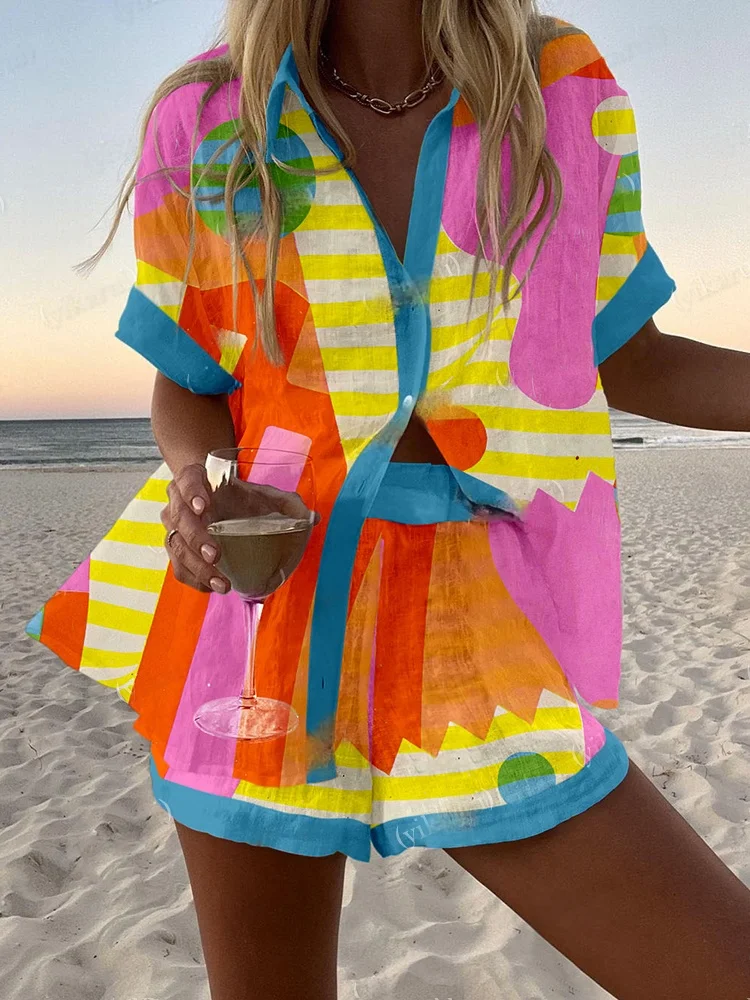 Mode frauen Strand Urlaub 2-Stück Anzug Sommer Print Kurzarm Hemd Breite Beine Kurze Lose Zwei-stück Sets Frauen Outfit