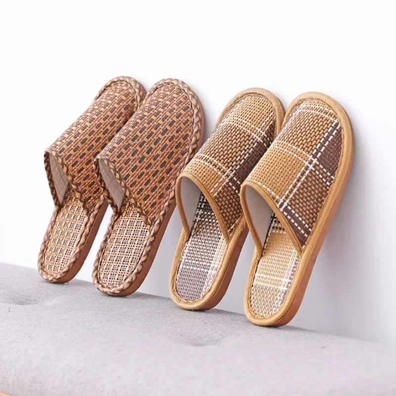 Bambusowe tkane kapcie domowe letnie chłodzące tkane rattanowe sandały kryty antypoślizgowe slajdy unisex buty do sypialni Zapatillas
