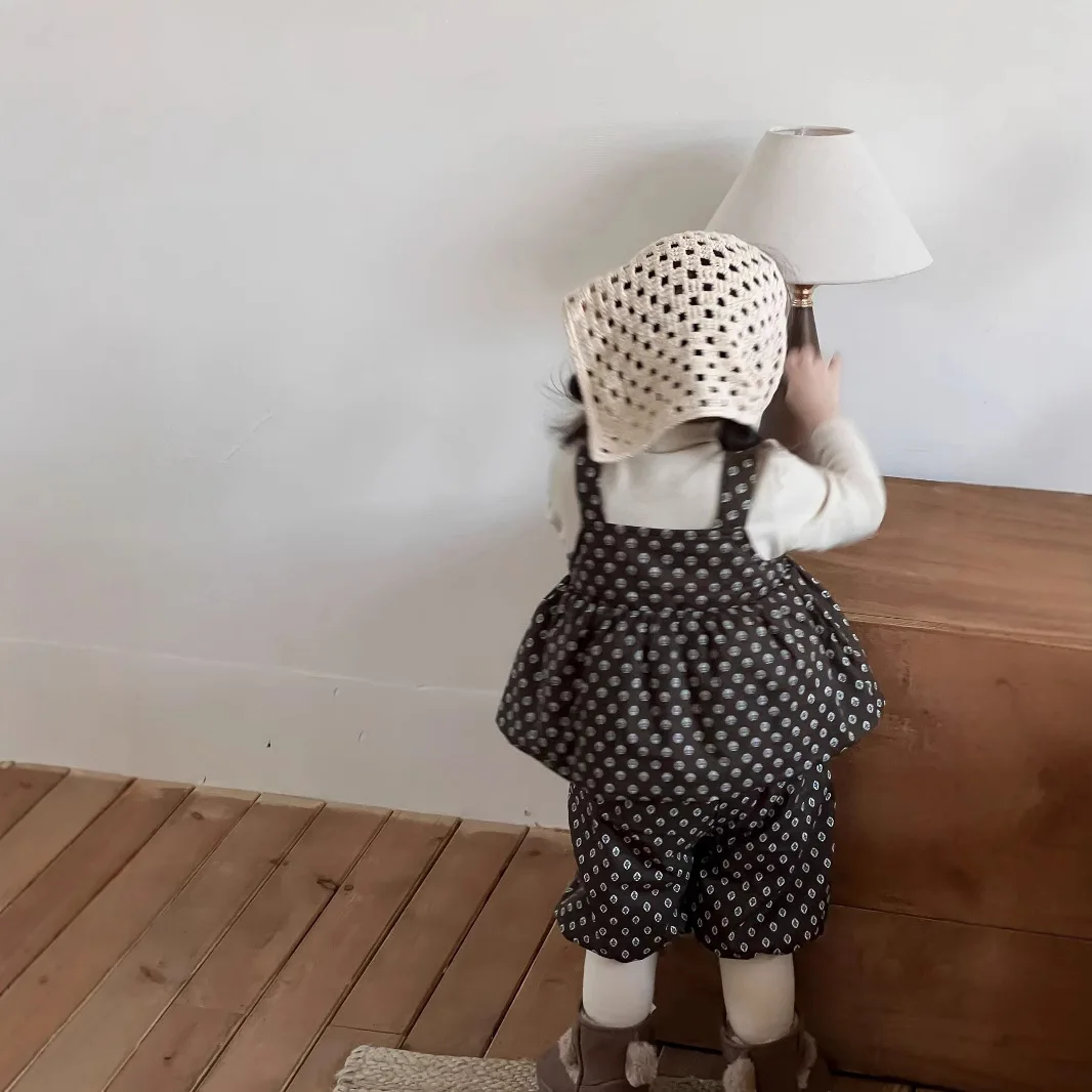Baby Girl Fashion Cotton Set Girls Winter Thick Suspender Top Patchwork Pant Set Versatile Two Piece Set