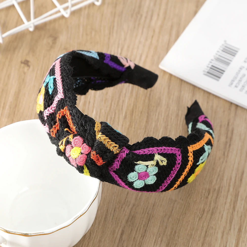 AWAYTR Ethnic Crochet Flower Headband Knitting Cross Hairband Hair Hoop Colorful Elastic Hair Bands for Women Hair Accessories