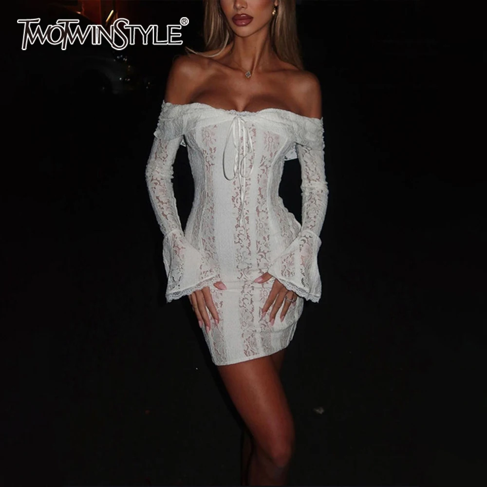 TWOTWINSTYLE Solid Spliced Lace Up Slimming Dresses For Women Slash Neck Sleeveless High Waist Mini Derss Female Fashoin Style